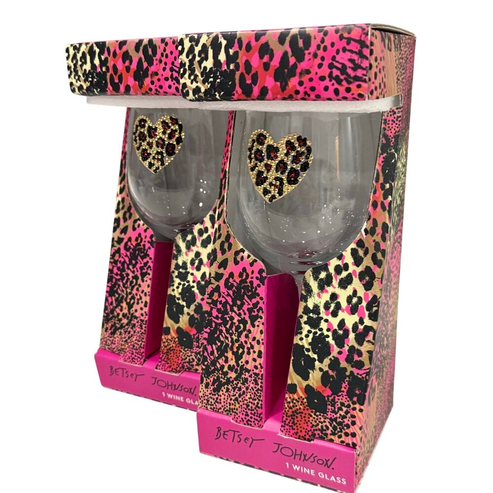 NWT Betsey Johnson Leopard Print Wine Glass Set of 2 - Pink & Black Animal Print